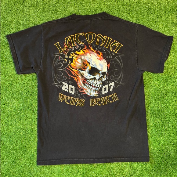 Y2K Laconia Bike Week Flaming Skull T-Shirt - Picture 1 of 7